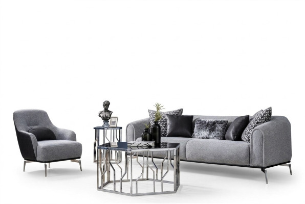 Modern Garnitur Sofa 3 Sitz Sessel Dreisitzer Stoff Grau Modern Polyester