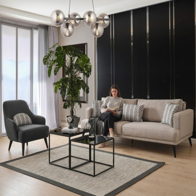 Sofagarnitur Sofa 3 Sitzer Sessel Stoff Beige Modern Polyester Set