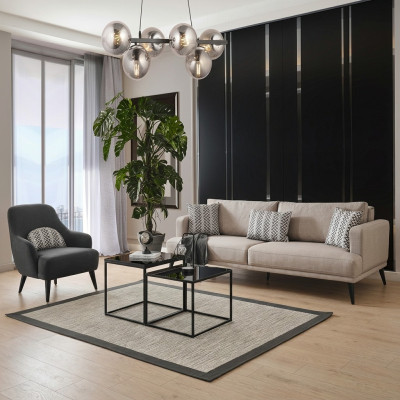 Sofagarnitur Sofa 3 Sitzer Sessel Stoff Beige Modern Polyester Set