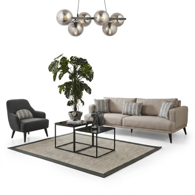 Sofagarnitur Sofa 3 Sitzer Sessel Stoff Beige Modern Polyester Set