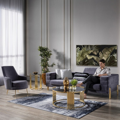 Luxus Sofagarnitur Sofa 3 Sitzer Sessel Stoff Modern Grau Modern Set