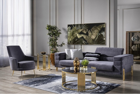 Luxus Sofagarnitur Sofa 3 Sitzer Sessel Stoff Modern Grau Modern Set