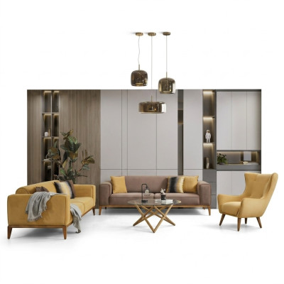 Sofagarnitur Komplette Sofa 431 Sitzer Sessel Stoff Gelb Set 3tlg Neu