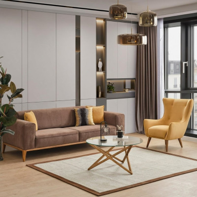 Sofagarnitur Sofa 4 Sitzer Sessel Gelb Stoff Btaun Modern Viersitzer