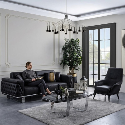 Sofagarnitur Komplette Sofa 41 Sitz Sessel Kunstleder Schwarz Set 2tlg