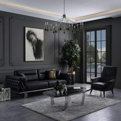 Sofagarnitur Komplette Sofa 41 Sitz Sessel Kunstleder Schwarz Set 2tlg