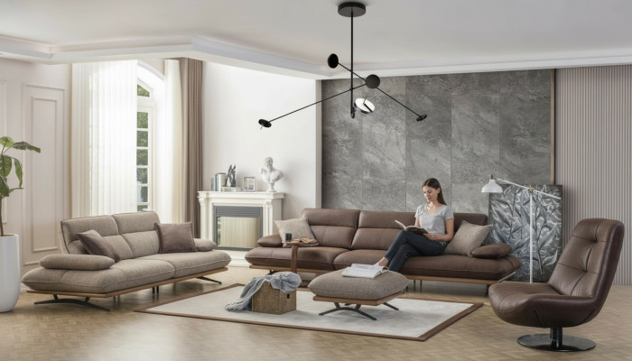 Sofagarnitur Sofa 4+3+1 Sitzer Sessel Luxus Kunstleder Braun Gruppe