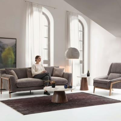 Sofas Sofagarnitur 3 Sitzer Sessel Dreisitzer Stoff Wohnzimmer Grau