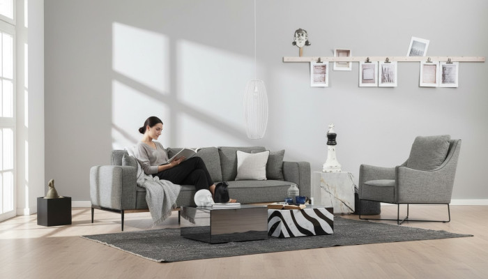 Sofagarnitur 4 Sitzer Sessel Viersitzer Stoff Sofas Modern Design Grau