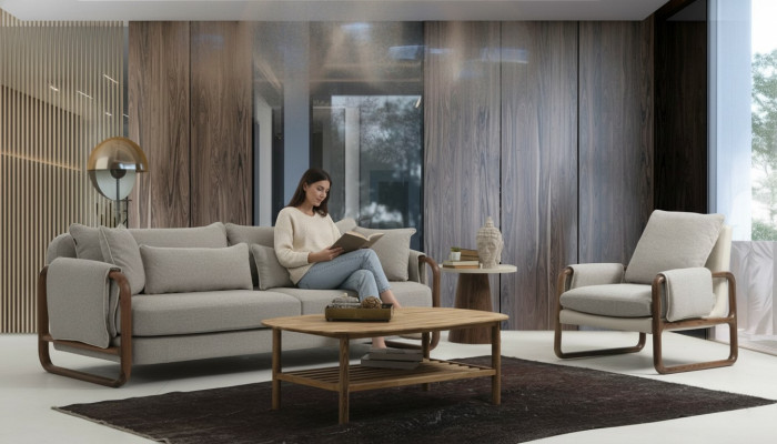 Sofagarnitur 21 Sitzer Sessel Zweisitzer Modern Stoff Grau Set Design