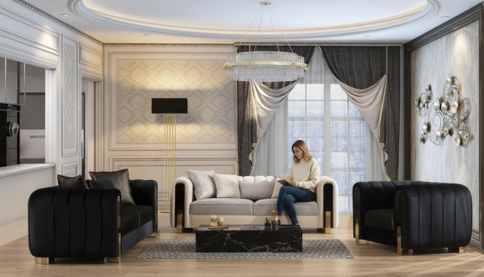 Moderne Sofagarnitur 2x Dreisitzer + Sessel Polstermöbel Edelstahl möbel 3tlg