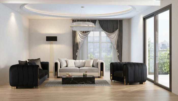 Moderne Sofagarnitur 2x Dreisitzer + Sessel Polstermöbel Edelstahl möbel 3tlg