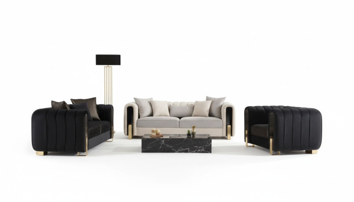 Moderne Sofagarnitur 2x Dreisitzer + Sessel Polstermöbel Edelstahl möbel 3tlg