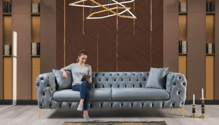 Moderner Dreisitzer Chesterfield Möbel Edelstahl Polyester Wohnzimmermöbel