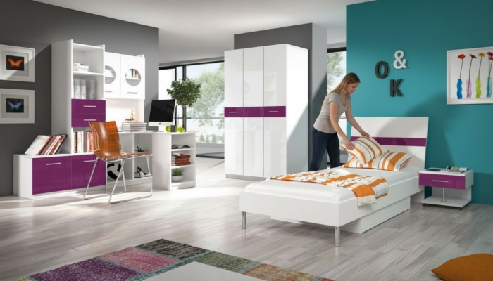 Lila Schlafzimmer Jugendzimmer Set Modern Kleiderschrank Tisch 5tlg.