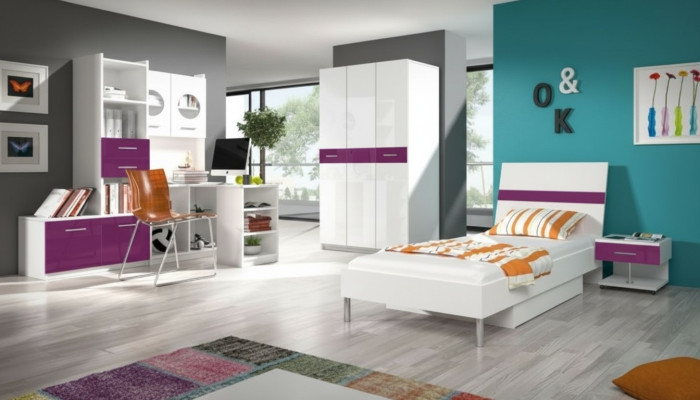 Lila Schlafzimmer Jugendzimmer Set Modern Kleiderschrank Tisch 5tlg.