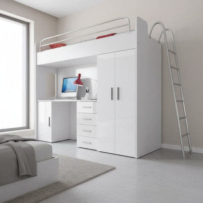 Weiß Doppelstockbett Holz Etagen Bett Mädchen Hochglanz Schreibtisch Schrank Neu