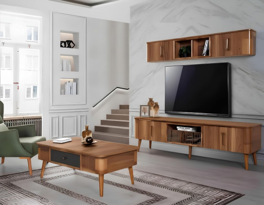rtv tv Sideboard Leder Holz Tisch Fernseh Schrank Tisch Design Low 2tlg. Set Neu