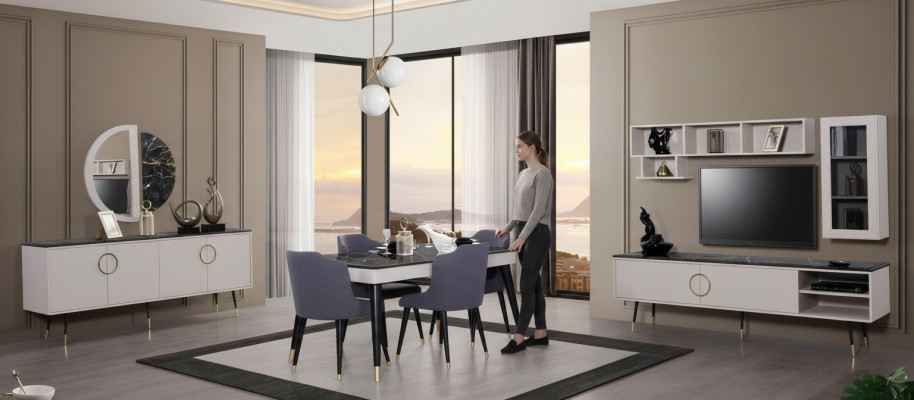Komplette Essgarnitur 7tlg. Esszimmer Anrichte Set Modern Tisch 4x Stühle rtv