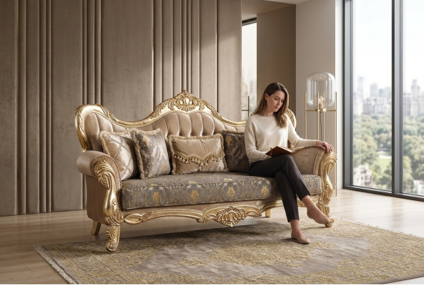 Chesterfield Barock Dreisitzer Couch Möbel Sofa Stoff Gold Couchen