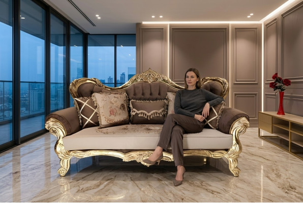 Chesterfield Barock Dreisitzer Couch Sofa Couchen Stoff Gold Möbel