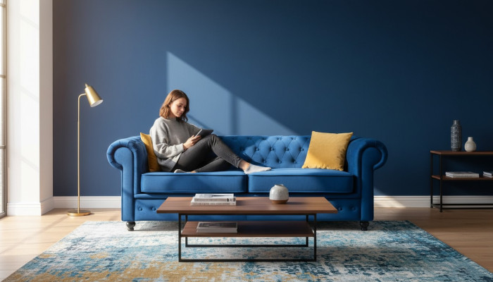 Sofas Polster Sofas 3 Sitz Chesterfield Textil Sofa Blau Klassisch Designer Neu