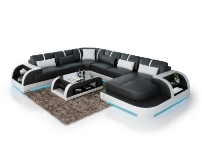 Modern Ledersofa Couch Wohnlandschaft Design Ecksofa Eck Garnitur Sofa Licht USB