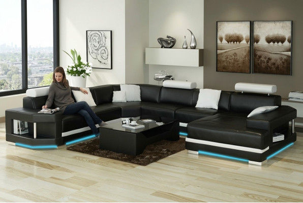 Ledersofa Sofa Couch Wohnlandschaft Ecksofa Garnitur Design Modern Sofa mit USB