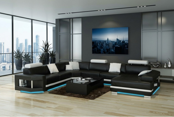 Ledersofa Sofa Couch Wohnlandschaft Ecksofa Garnitur Design Modern Sofa mit USB