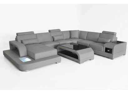Ledersofa Wohnlandschaft Ecksofa Sitzecke Sitzgarnitur Sofa Couch + USB + Tisch