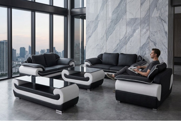 Sofagarnitur Ledergarnitur Design Sofa Polster Komplett Set 4tlg 3+2+1 mit USB