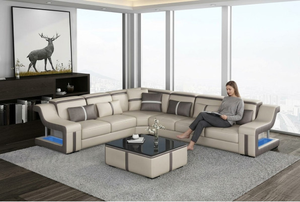 XXL Ecksofa Sofa mit USB Eck Wohnzimmercouch Sofa Couch Tisch Polster Sitz Leder