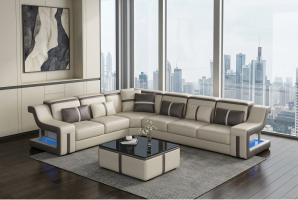 XXL Ecksofa Sofa mit USB Eck Wohnzimmercouch Sofa Couch Tisch Polster Sitz Leder
