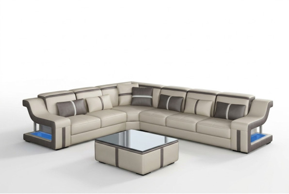 XXL Ecksofa Sofa mit USB Eck Wohnzimmercouch Sofa Couch Tisch Polster Sitz Leder