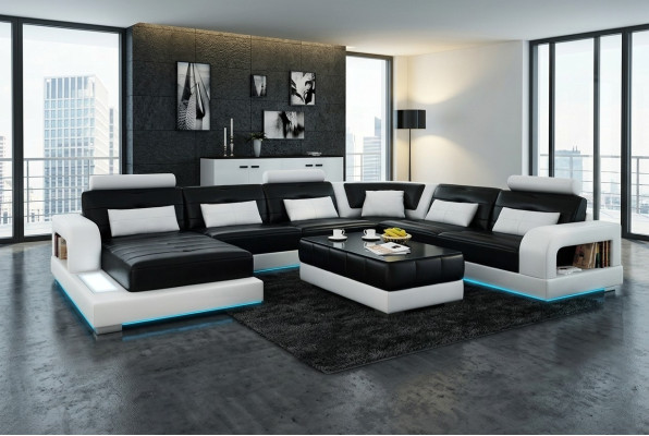 Sofa Ecksofa Design Wohnlandschaft mit Regal Polster Sitz Garnitur Ledersofa USB