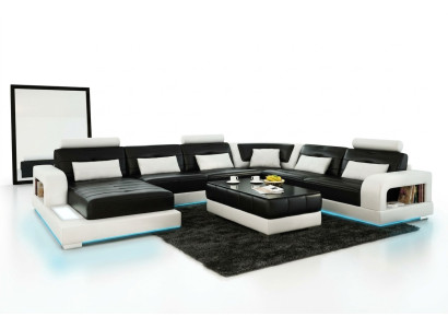 Sofa Ecksofa Design Wohnlandschaft mit Regal Polster Sitz Garnitur Ledersofa USB