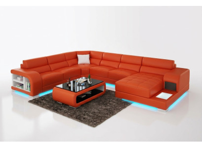 Modern Ledersofa Couch Design Wohnlandschaft Ecksofa Eck Garnitur Sofa Licht USB
