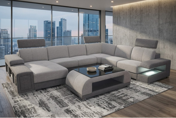 Couchgarnitur Modernes Sofa Ecke Leder Couch Polster Wohnlandschaft USB+Tisch