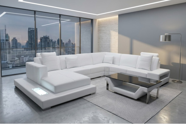 Ledersofa Ecksofa Wohnlandschaft Couch Polster Eckgarnitur Sitzecke + Tisch +USB