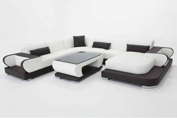 Couch Ecksofa mit USB Leder Wohnlandschaft Garnitur Design Modern Sofa +Tisch