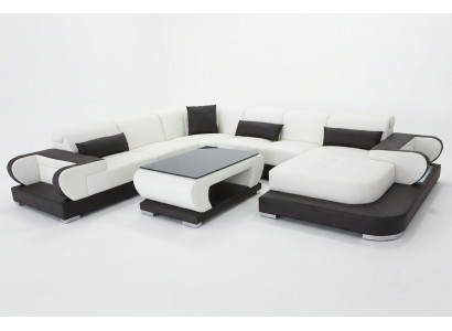 Couch Ecksofa mit USB Leder Wohnlandschaft Garnitur Design Modern Sofa +Tisch
