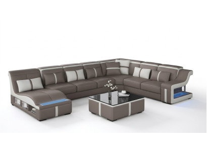 Ledersofa Wohnlandschaft Ecksofa Garnitur Design Modern Sofa U-Form mit USB Neu