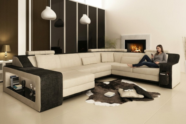 Moderne Wohnlandschaft Polster Ecksofa Sofa Couch Eck Garnitur Textil Sofas +USB