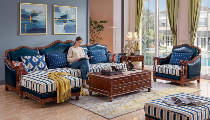 Blaue Ecksofa Couch mit Sessel Kolonial Sofa Möbel Antik Stil Sofas