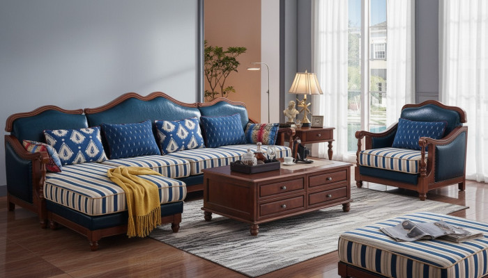 Blaue Ecksofa Couch mit Sessel Kolonial Sofa Möbel Antik Stil Sofas