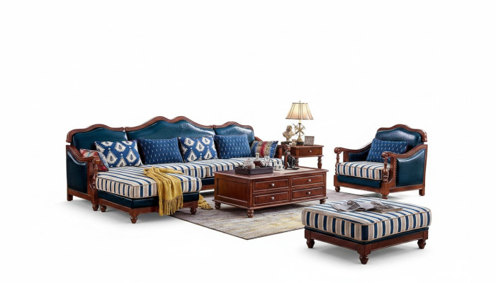 Blaue Ecksofa Couch mit Sessel Kolonial Sofa Möbel Antik Stil Sofas