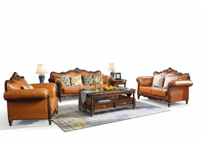 Amerikanische Sofagarnitur Ledersofa Couch Polster 321 Holz Sitzer