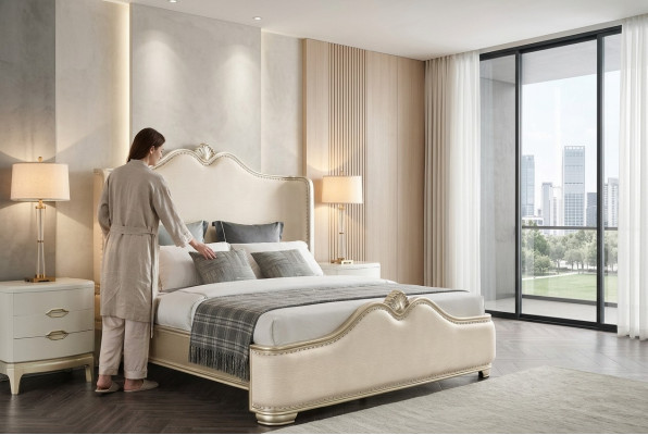 Bett 2x Nachttische 3 tlg. Schlafzimmer Beige Designer Luxus Möbel Betten Holz