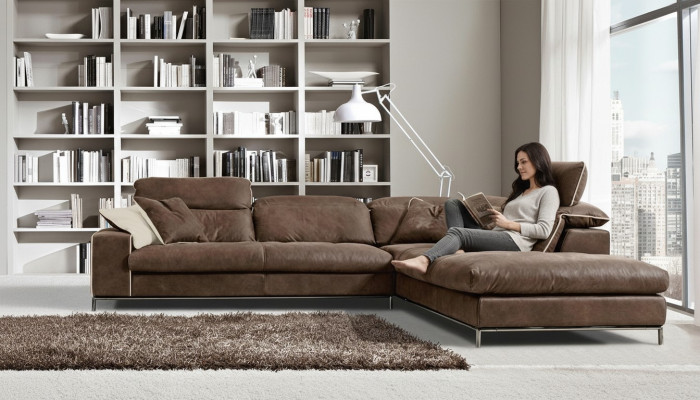 Design Ecksofa Prianera Moderne Luxus Ecke Leder Holz Sofa L-Form Braun