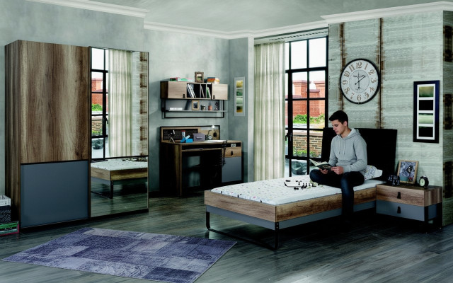 Modernes Jugendzimmer Set Bett Nachttisch Tisch Schlafzimmer Wandregal 6tlg. 